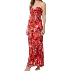 Debs Y2K Strapless Sequin Coral Kaleidoscope Print Pleated Maxi Dress SZ 5/6 JR